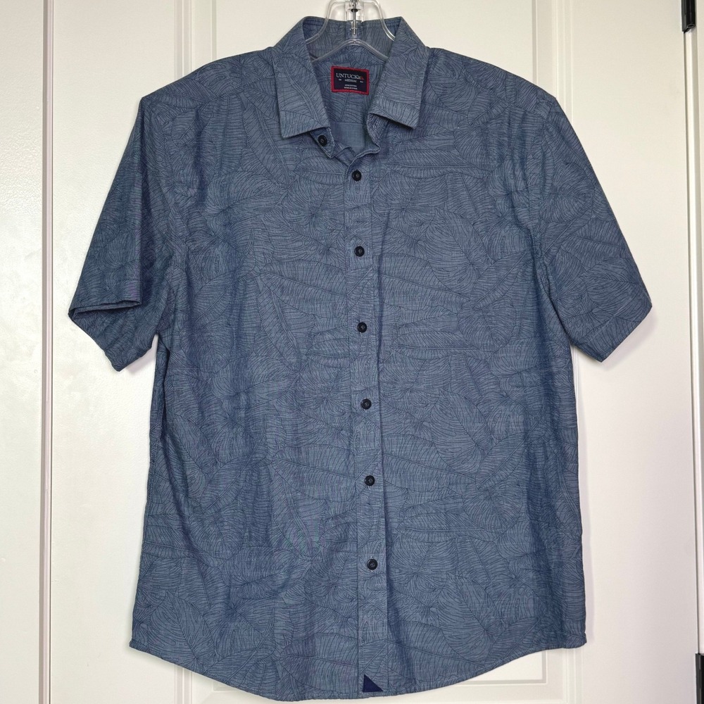 UNTUCKit Mens Medium Blue Grey Tropical Palm Leaf Short Sleeve Button Down Shirt